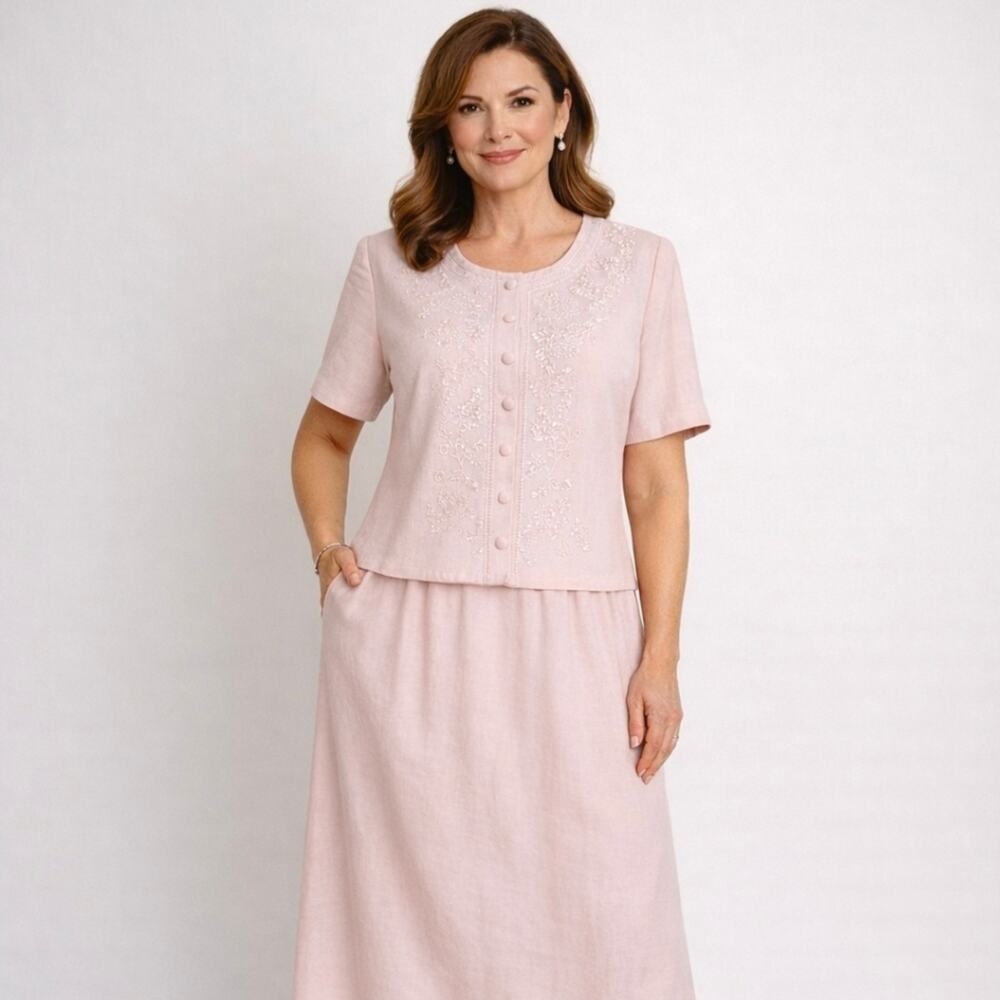 Vintage Karin Stevens Pink Embroidered Tea Dress | Mother of the Bride | 14